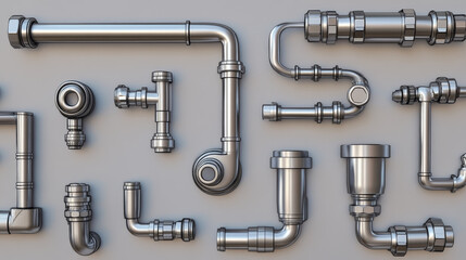 Pipes and tubes plumbing fittings realistic 3d vector set. Metal or plastic pipeline with valves, thread and faucets. Stainless steel metallic ramified connections isolated on transparent background