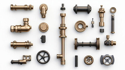 Pipes and tubes plumbing fittings realistic 3d vector set. Metal or plastic pipeline with valves, thread and faucets. Stainless steel metallic ramified connections isolated on transparent background