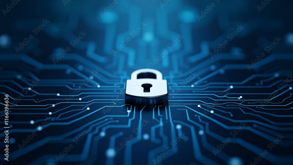 Poster cybersecurity: digital lock on a circuit board