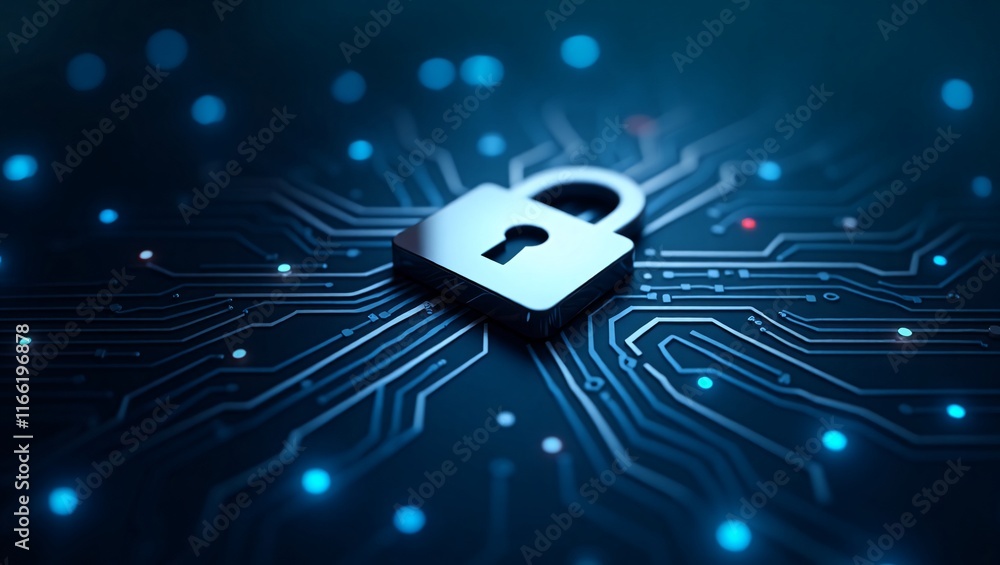 Poster cybersecurity: a silver padlock rests on a digital circuit board, representing the protection and se
