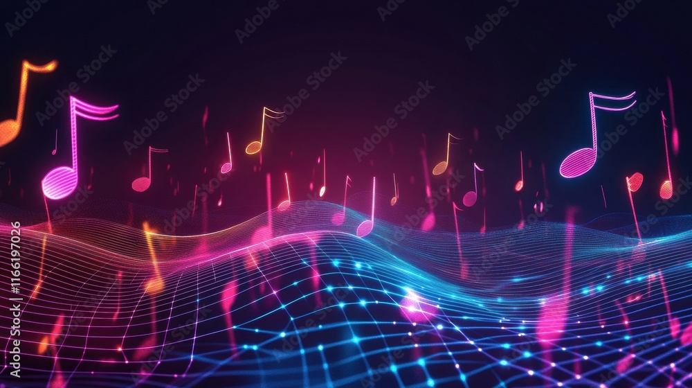 Aufkleber vibrant musical notes floating above a colorful digital landscape during a nighttime scene. generati