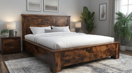 Cozy bedroom with wooden furniture and soft lighting.