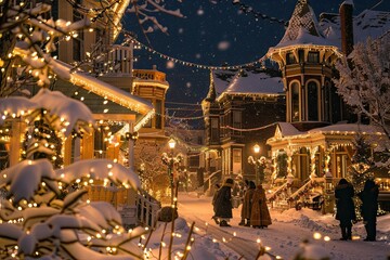 Obraz premium A Christmas card featuring children decorating a Christmas tree outside in the snow with string lights and ornaments