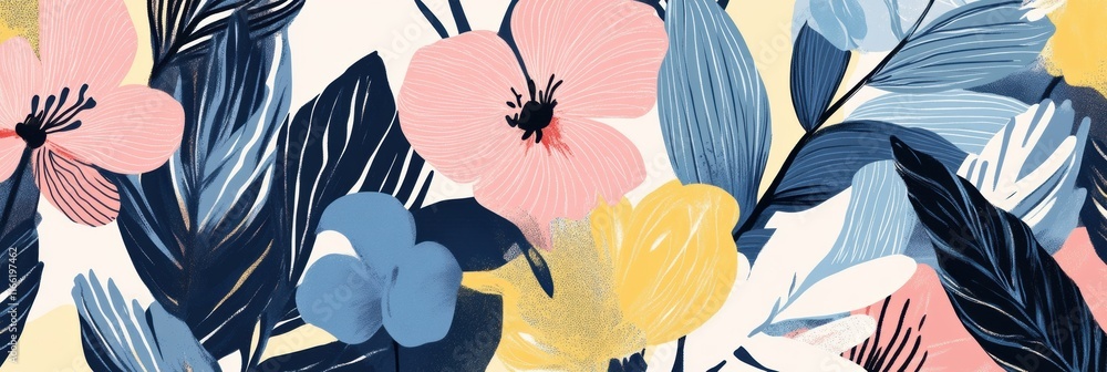 Poster colorful retro risograph floral pattern with vibrant blooms and lush leaves on a soft background. ge