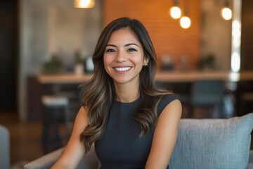 latina entrepreneur in modern workspace soft corporate lighting minimalist office design