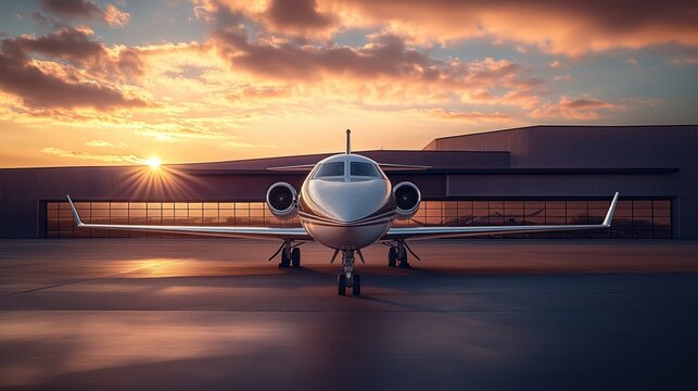 Luxury private jet at sunset near modern hangar. Jet is gleaming and ready for departure. Warm golden light bathes the scene. Airport terminal background. Luxury travel concept.