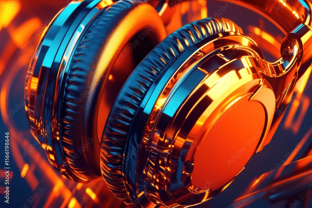 Poster Detailed 3D close up visual of sleek headphones showcasing vibrant metallic colors and intricate design elements. Generative AI