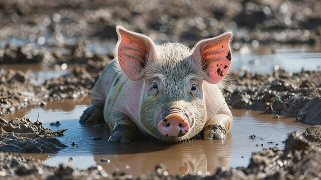 A piglet enjoys a refreshing mud bath.  The image captures the carefree spirit of nature and the simple pleasures of life.