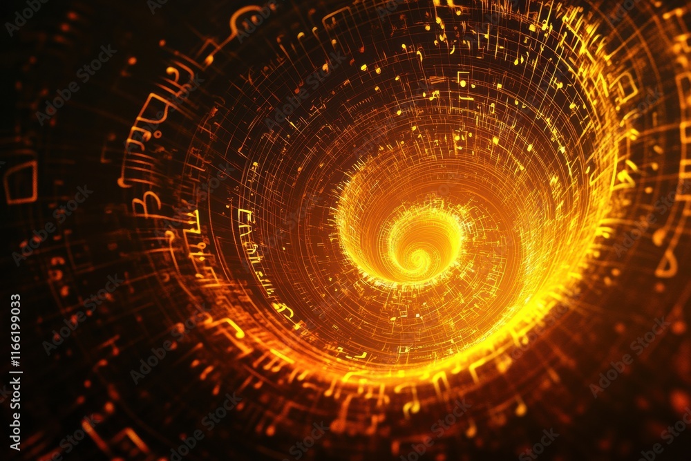 Fototapete 3d music notes swirl in a vibrant golden spiral creating a mesmerizing visual rhythm. generative ai
