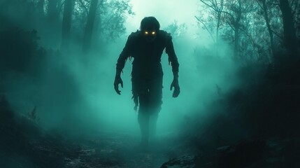 Undead figure wanders through dark misty forest. Glowing eyes, tattered clothes show terrifying nature. Eerie scene evokes apocalypse theme. Foggy environment amplifies creepy atmosphere.