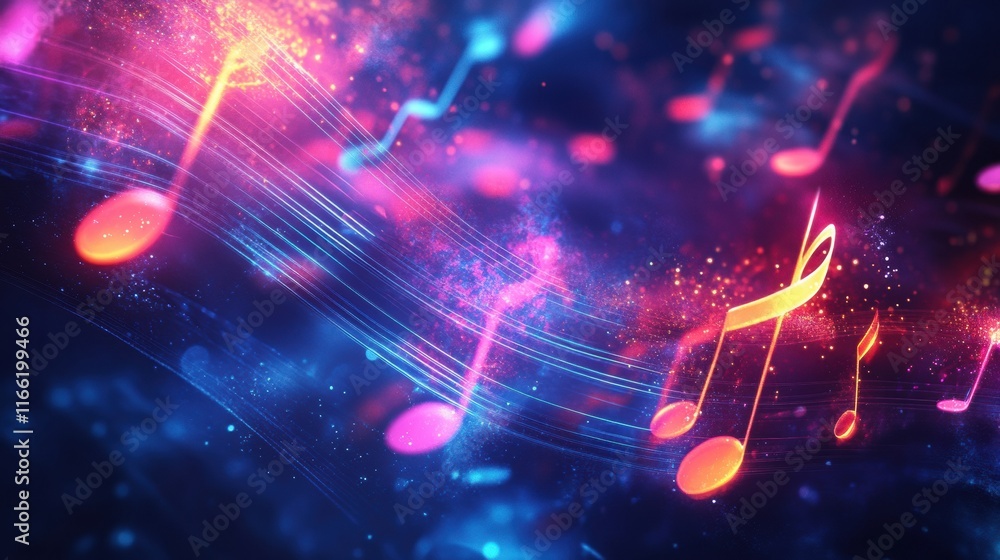 Leinwandbilder flowing musical staff lines illuminated with vibrant neon colors create an enchanting atmosphere fil