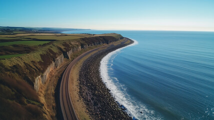 波しぶきと青い海を背景に走る海岸沿いの曲線的な線路