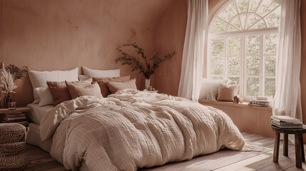 Cozy neutral bedroom with natural light and soft textures in a serene setting
