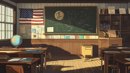 English language classroom interior, empty school or college class with furniture and stuff. Wooden student desks, blackboard, Usa flag in globe, alphabet and textbooks, Cartoon vector illustration