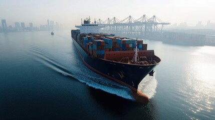 Obraz premium Large container ship navigates through harbor waters. Cargo ship moves smoothly through water. Shipping vessel loaded with cargo containers. City skyline visible in background. Commercial port