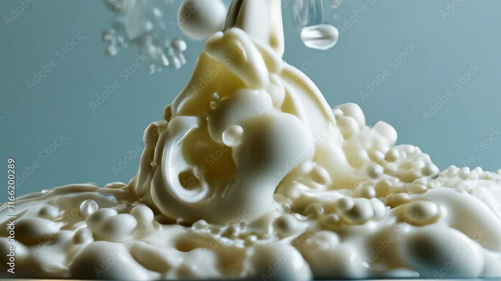 Poster milk splashes in a crown shape against a light blue backdrop, creating a captivating and dynamic vis