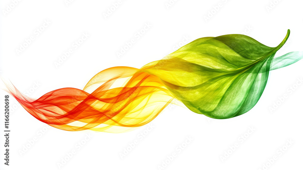 Poster flying gradient colored leaf curly wave line on transparent background. realistic vector illustratio