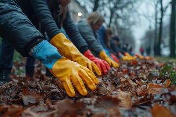 Community members engage in cleanup effort by gathering fallen leaves during an overcast day in a residential area