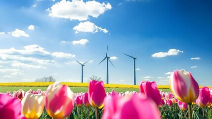   Wind Turbines in a Field of Tulips