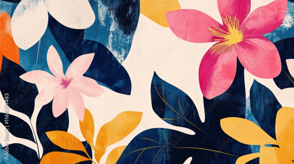 Poster bold floral patterns create vibrant textures in a retro risograph inspired design for creative proje