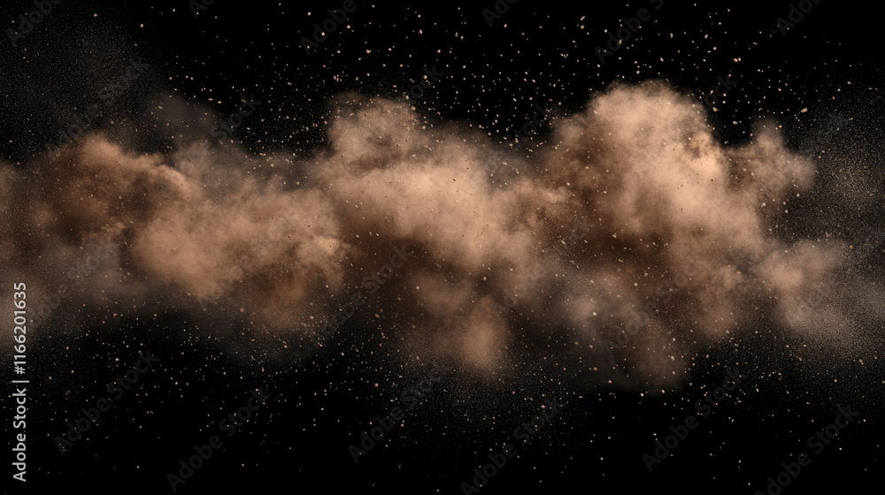 Poster dust explosion with white rectangle banner. splashes of brown powder isolated on transparent backgro
