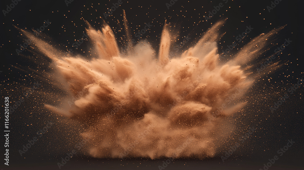 Poster dust explosion with white rectangle banner. splashes of brown powder isolated on transparent backgro