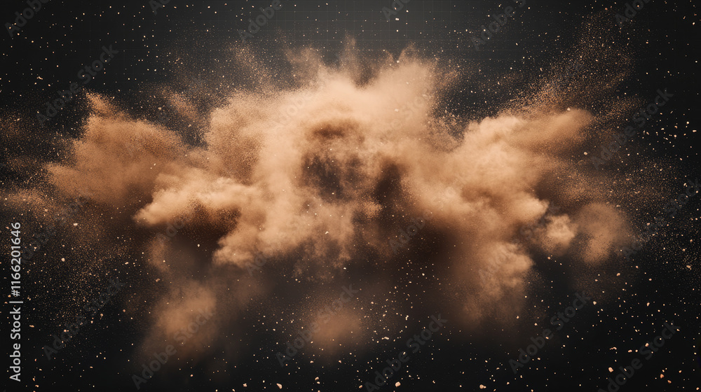 Poster dust explosion with white rectangle banner. splashes of brown powder isolated on transparent backgro