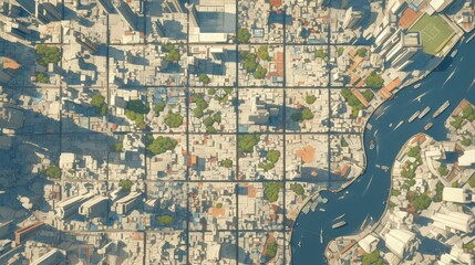 Obraz premium Aerial view of a city grid with buildings, parks, and a winding river.