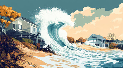 Tsunami wave at tropical beach with cottages and palm trees, natural disaster, flood during storm, climate change concept. Huge ocean water wave splashing and raging, Cartoon vector illustration