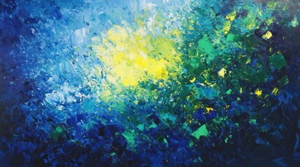 Obraz premium Abstract painting featuring vibrant blues, greens, and yellows, evoking a sense of energy.