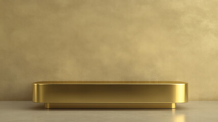 Shiny golden surface against beige wall background. Vector realistic illustration of yellow steel bar counter, product presentation podium, empty metal stage, glossy shelf, interior design element