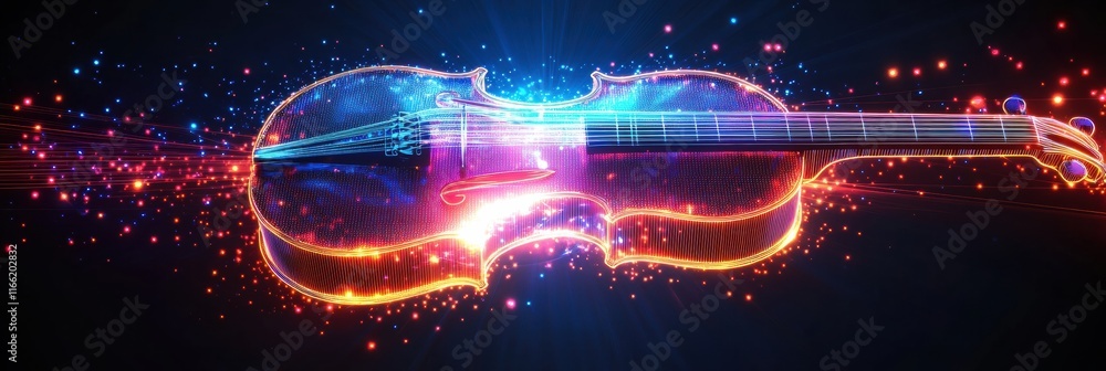 Poster vibrant 3d representation of a violin emitting colorful light trails in a dark background. generativ
