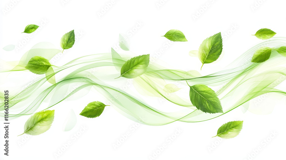 Poster realistic set of abstract green waves with leaves isolated on transparent background. vector illustr