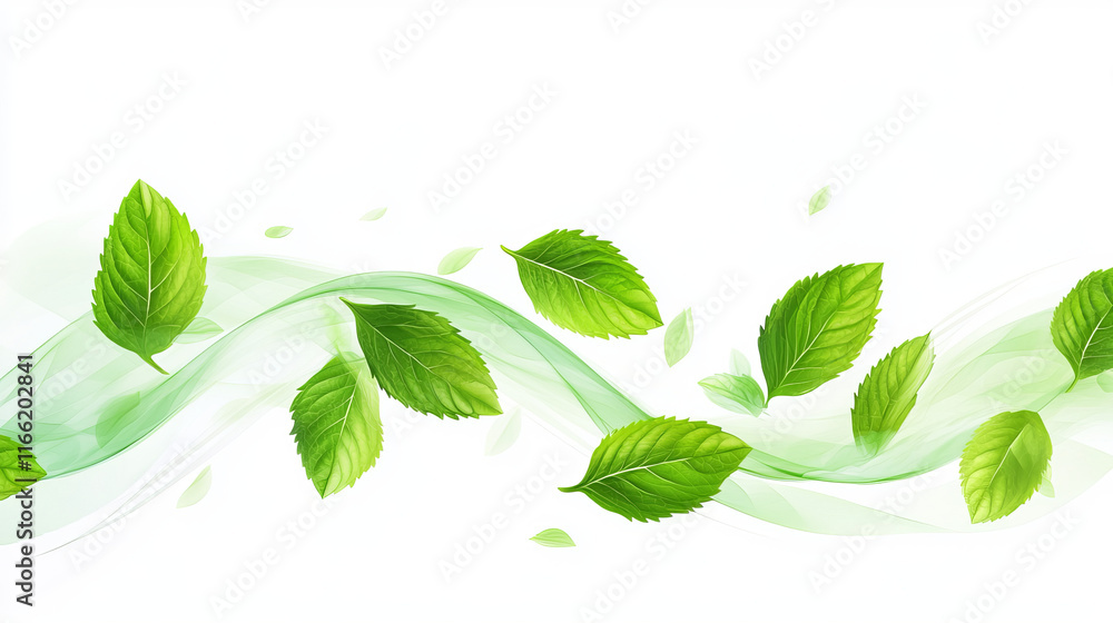 Poster realistic set of abstract green waves with leaves isolated on transparent background. vector illustr