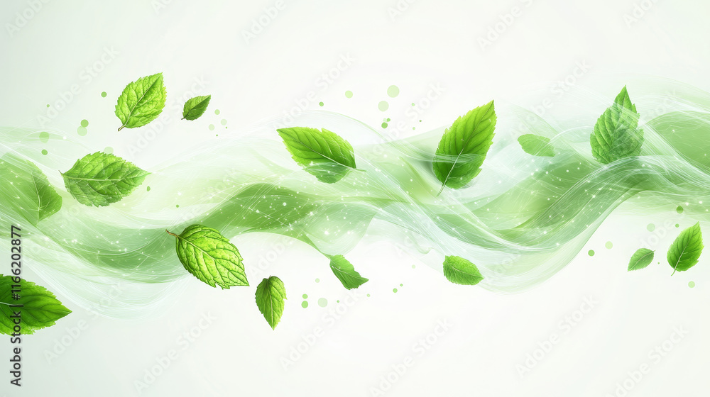 Poster realistic set of abstract green waves with leaves isolated on transparent background. vector illustr