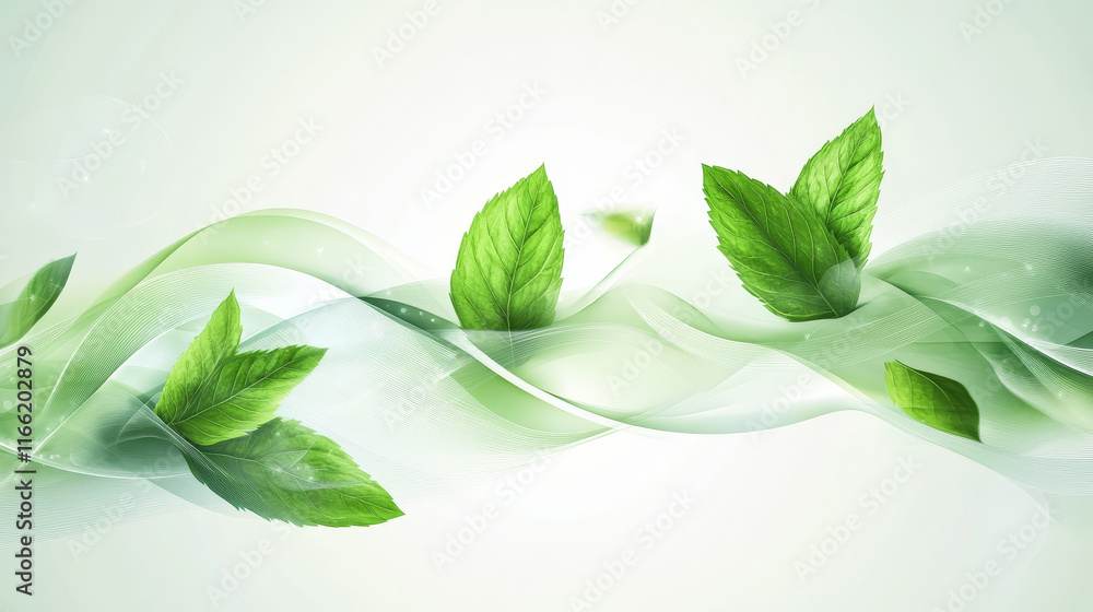 Aufkleber realistic set of abstract green waves with leaves isolated on transparent background. vector illustr