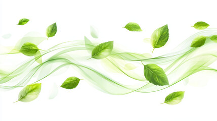 Realistic set of abstract green waves with leaves isolated on transparent background. Vector illustration of fresh air flow effect, cool mint vortex, tea foliage flying trail. Organic herbal medicine