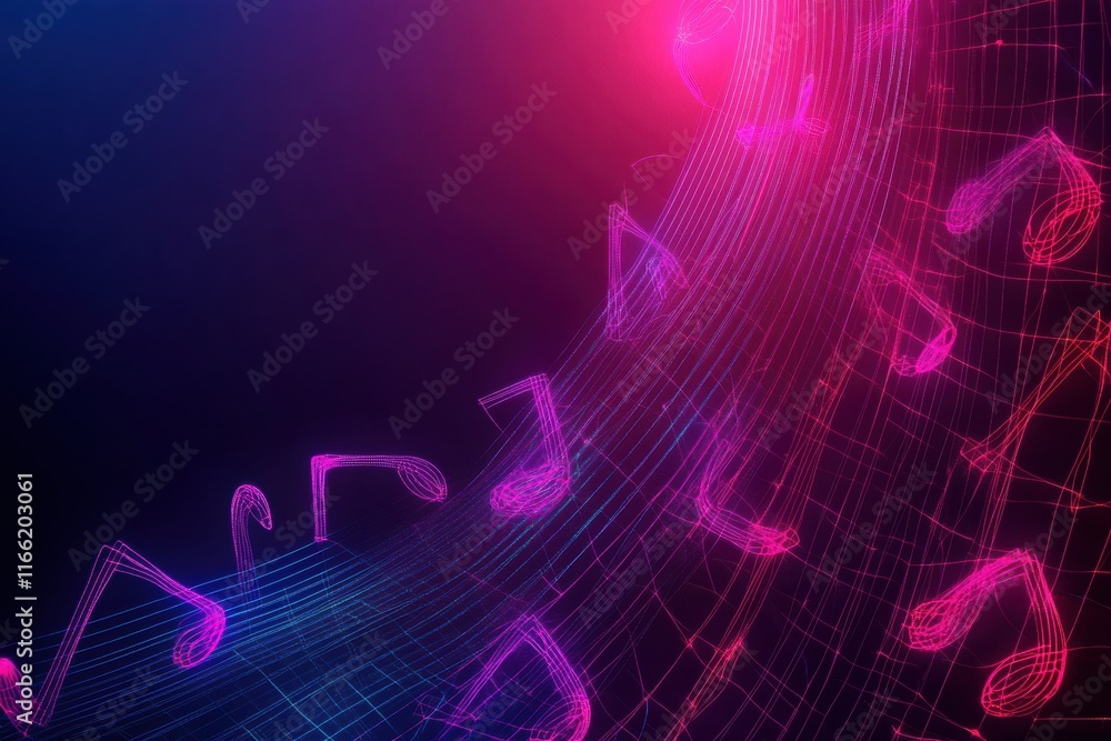 Poster vibrant 3d music notes flowing through a colorful abstract background in a digital art representatio