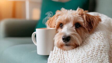 An illness dog wrapped in a blanket, holding a cup of tea.