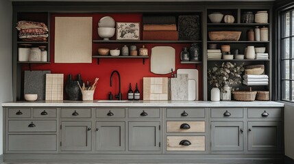 Modern kitchen with organized shelves and vibrant accents.