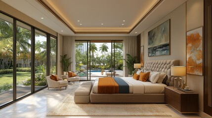 Luxurious bedroom with garden view and modern decor.