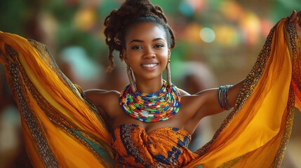 Attractive young black woman dances in traditional African attire. Wears colorful beaded necklaces, bracelets. Vibrant dress, flowing orange cloth highlight African culture. Woman expresses joy,