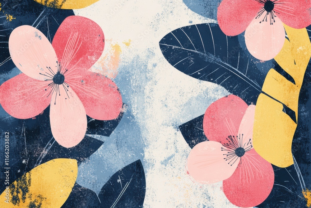 Poster retro risograph inspired floral pattern featuring colorful blooms and leaves set against a textured 