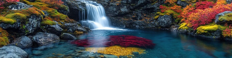 Obraz premium Breathtaking Autumn Waterfall Landscape with Vibrant Red Yellow Foliage and Crystal Clear Blue Water in Tranquil Scenic Nature Setting with Mossy Rocks