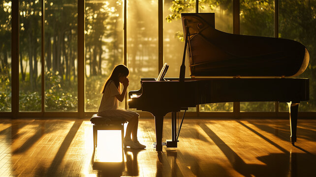 音楽室の夕暮れでピアノに失敗し涙する女子高校生
