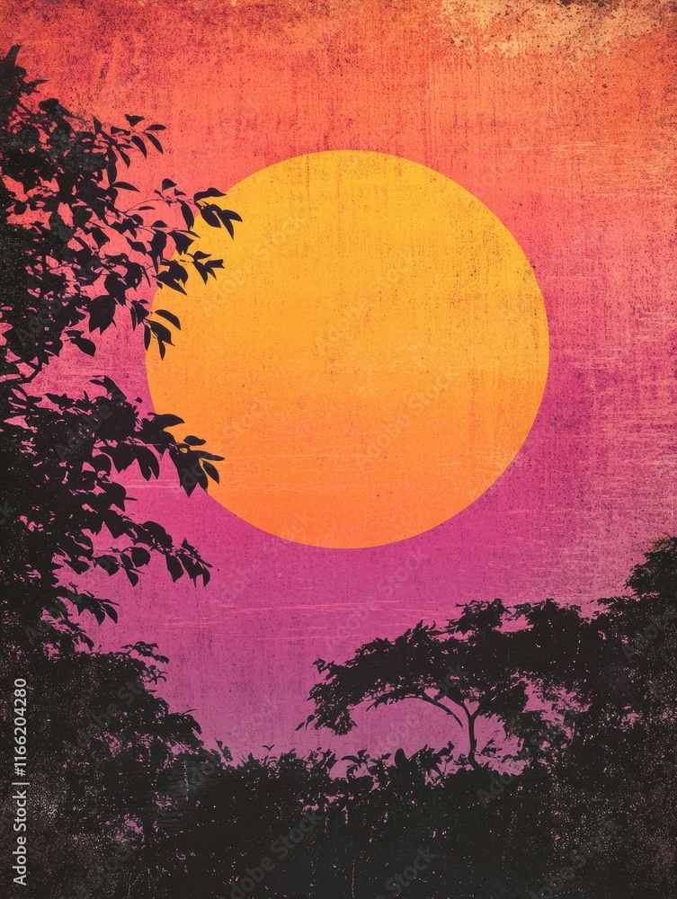 Poster retro risograph inspired sunset with vibrant colors and silhouettes of trees in a tranquil landscape