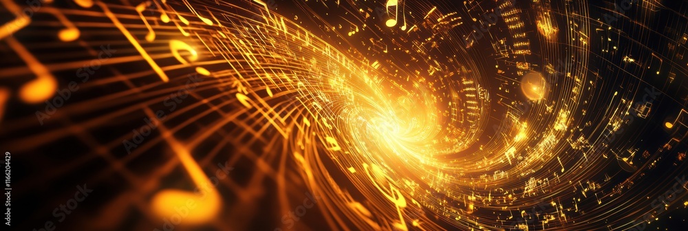 Poster Dynamic 3D music notes spiraling through a vibrant golden vortex in an abstract representation of sound. Generative AI