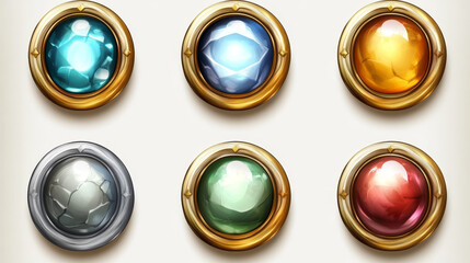 Game buttons, round frames or ui level icons cartoon design. Empty golden, silver, bronze, stone, glass and wooden badges or coins. Isolated award, reward or bonus graphic elements isolated vector set