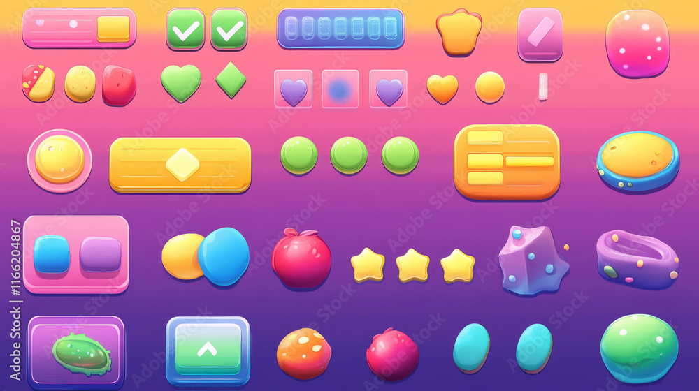 Poster glossy game buttons, boards and bars with candy and chocolate texture. vector cartoon set of sweet g