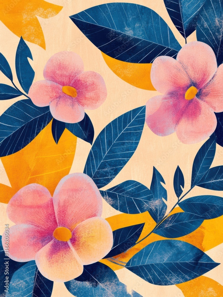 Poster bright and playful floral design with retro risograph style on a textured background. generative ai
